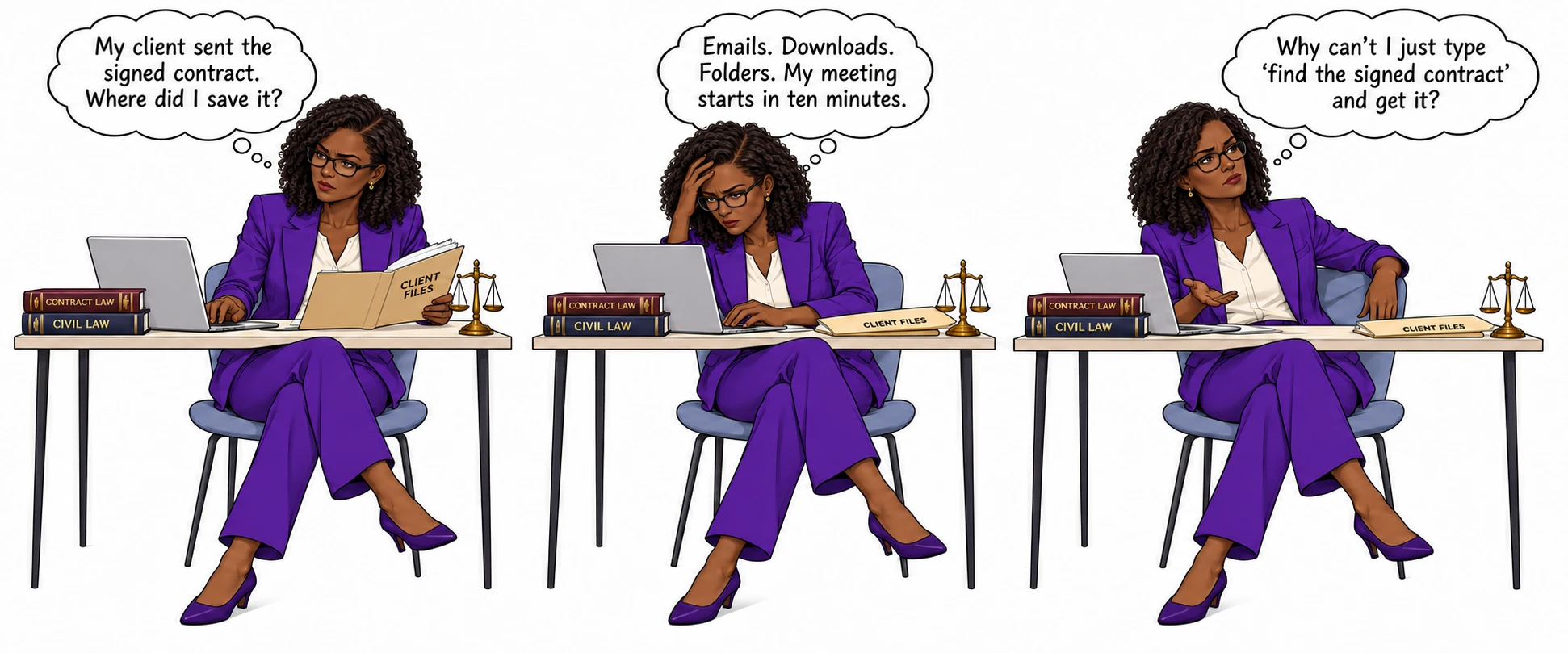 A lawyer can't find a signed client contract across emails, downloads and folders