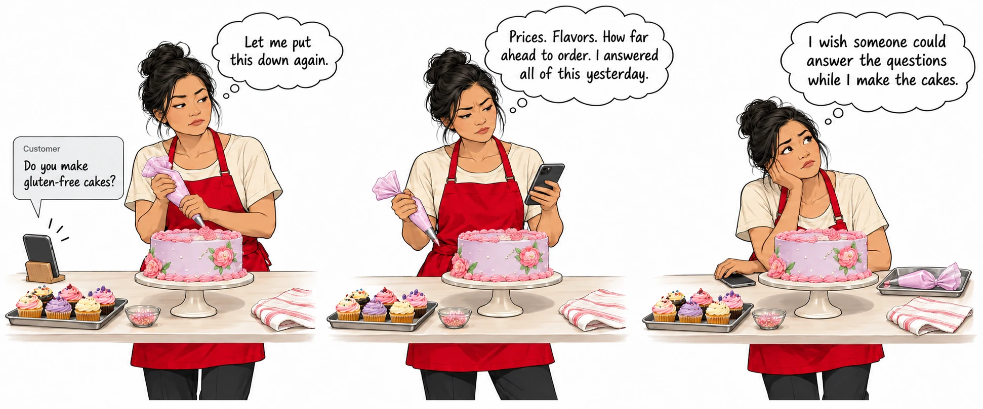 A baker decorating a cake keeps stopping to answer the same customer questions